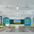 Kindergarten Classroom With Colorful Walls Desks Chairs Windows Blackboard Ceiling Fans And Lighting