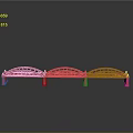 Red Bridge Model With Triple Arch Design And Reflection On Gray Background