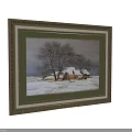 Abstract Painting with Golden Frame Showing Snowy Landscape Trees Haystacks and Small House