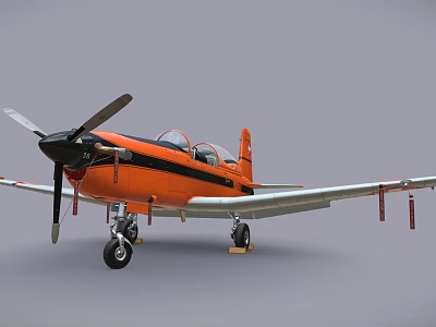 Orange Propeller Airplane With Two Seat Cockpit Silver Wings And Landing Gear 3d model