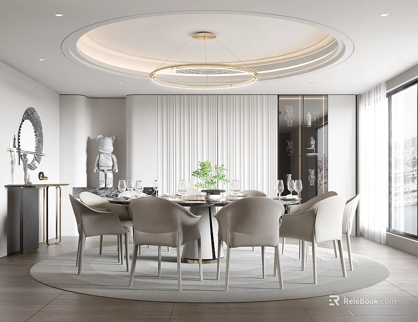 Modern Private Dining Room With Round Table Chandelier And Windows 3d model
