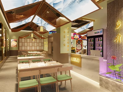 Chinese Restaurant Interior With Mountain Water Ceiling And Wooden Dining Tables Chairs 3d model