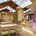 Chinese Restaurant Interior With Mountain Water Ceiling And Wooden Dining Tables Chairs