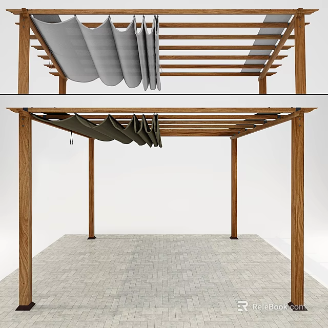 Outdoor Wooden Pergola Structure With Beams Posts Gray Fabric Awning And Brick Floor 3d model 