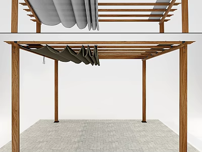 Outdoor Wooden Pergola Structure With Beams Posts Gray Fabric Awning And Brick Floor 3d model