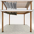 Outdoor Wooden Pergola Structure With Beams Posts Gray Fabric Awning And Brick Floor