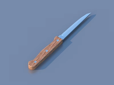Sharp Kitchen Knife With Wooden Handle And Metal Blade On Blue Surface 3d model