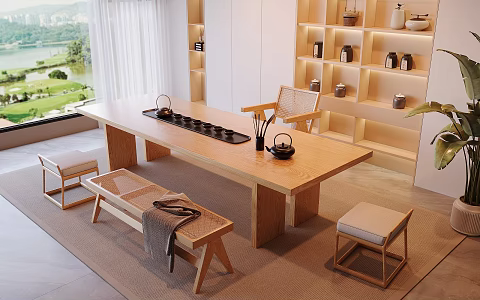 New Chinese-style Log Tea Room Solid Wood Tea Table and Chair Combination Mobile Tea Cabinet Solid Wood Low Stool Storage Tea Cabinet Tea Set Supplies Solid Wood Single Chair Potted Plant Jewelry Ornaments 3d model