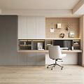 Modern Home Office Interior Design With Wooden Desk White Chair And Storage Cabinets