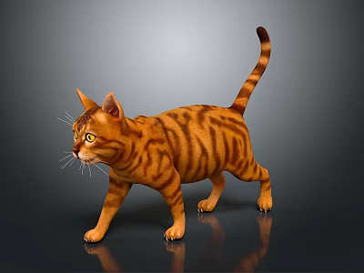 Orange Tabby Cat 3D Model in Walking Pose with Yellow Eyes on Gray Background 3d model