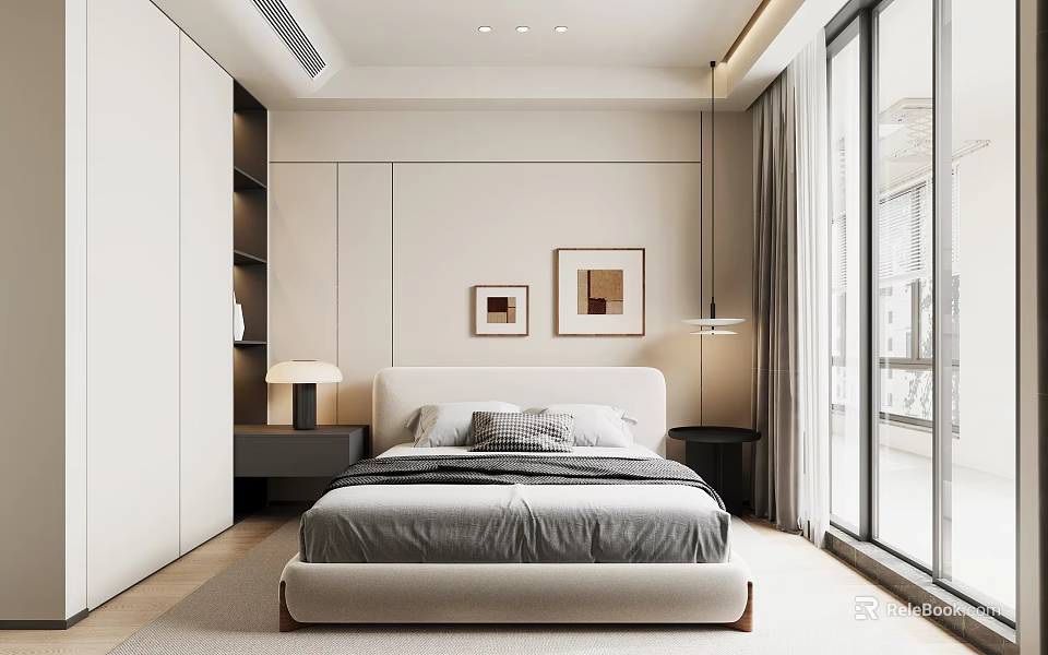 Modern Bedroom Interior Design With White Headboard Gray Bedding And Wall Art 3d model 