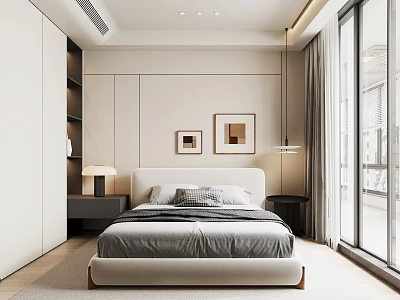 Modern Bedroom Interior Design With White Headboard Gray Bedding And Wall Art 3d model