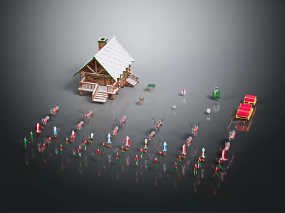 Wooden Cabin with Snow Covered Roof Surrounded by People and Red Cart 3d model