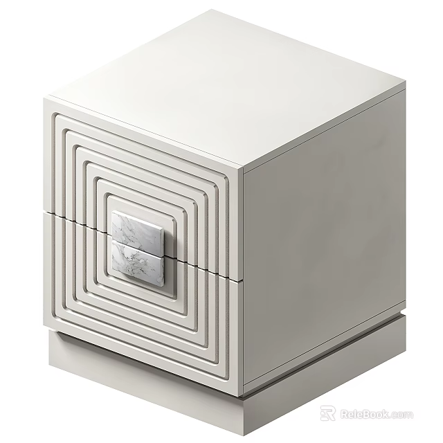 Modern White Nightstand With Drawer And Geometric Lines Marble Decorative Panel 3d model 