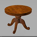 Stylish Round Wooden Table With Mahogany Brown Smooth Surface And Three Curved Legs