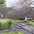Rockery Stones In Traditional Japanese Garden With Lush Grass Stone Paths And Cherry Blossoms