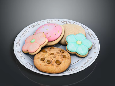 Colorful Decorated Cookies On Ceramic Plate With Sugar Flowers And Chocolate Chips 3d model