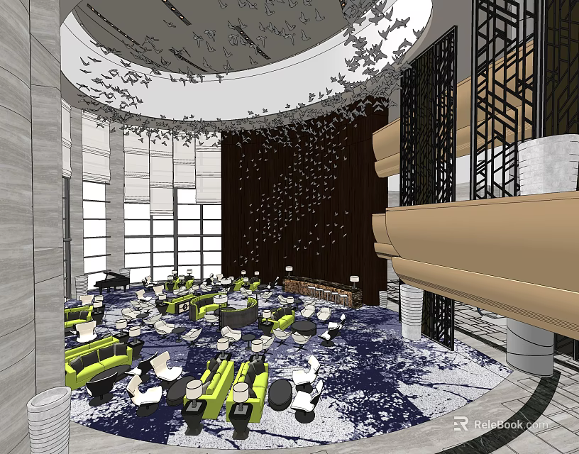 Modern Hotel Lobby Interior With Round Ceiling Green Sofas And Blue Carpet 3d model 