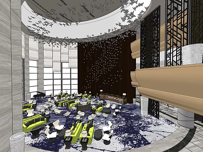 Modern Hotel Lobby Interior With Round Ceiling Green Sofas And Blue Carpet 3d model