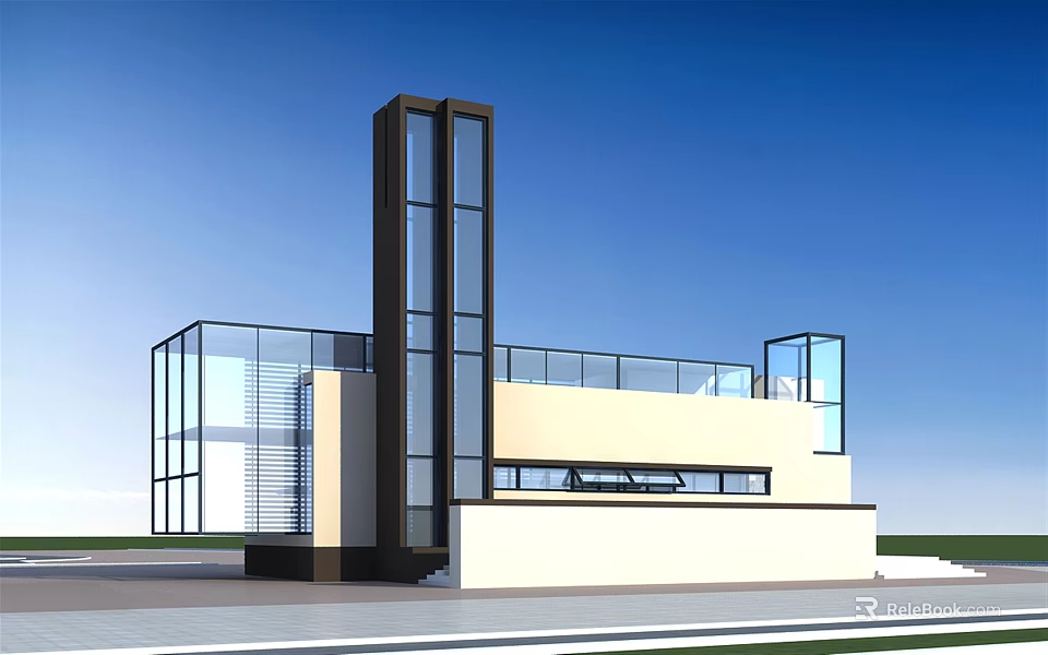 Modern Sales Office Building Exterior With Glass Curtain Wall Vertical Structure And Glass Railings 3d model 