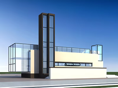 Modern Sales Office Building Exterior With Glass Curtain Wall Vertical Structure And Glass Railings 3d model