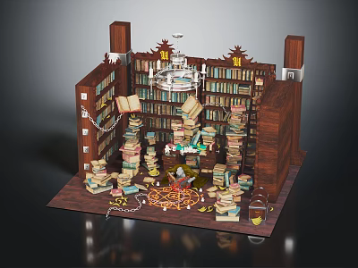 Classic Library Interior Design With Wooden Bookshelves Stacks Of Open Books And Ornate Chandelier 3d model