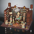 Classic Library Interior Design With Wooden Bookshelves Stacks Of Open Books And Ornate Chandelier