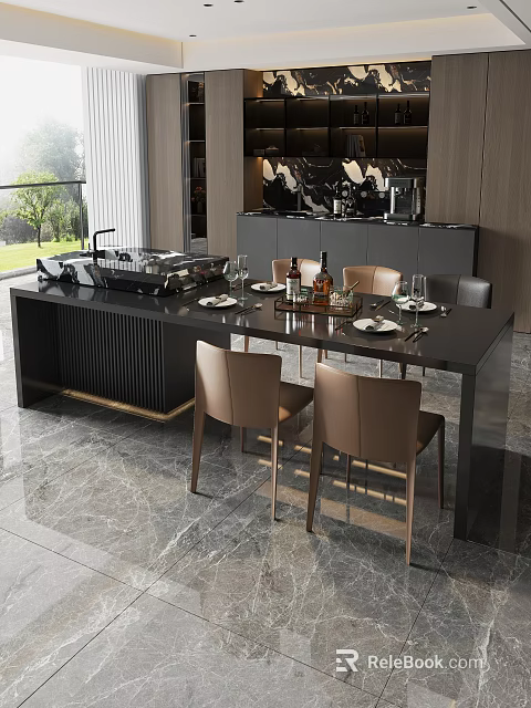 Modern Restaurant Interior With Long Black Dining Table Beige Chairs Marble Floor And Tableware 3d model 
