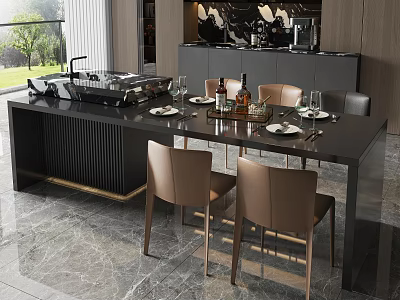 Modern Restaurant Interior With Long Black Dining Table Beige Chairs Marble Floor And Tableware 3d model