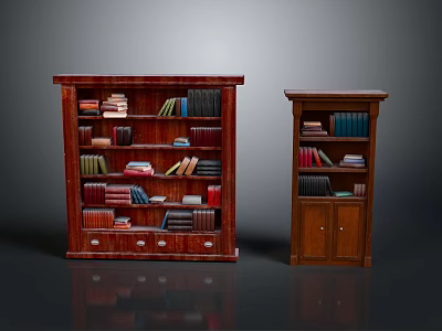 Dark Wooden Bookcases with Multiple Shelves Books Decor Items Drawers and Cabinet Doors 3d model