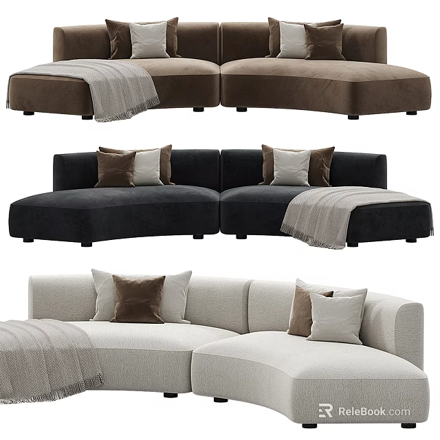 Comfortable Sectional Sofa with Soft Pillows and Throw Blanket in Brown Black Beige 3d model