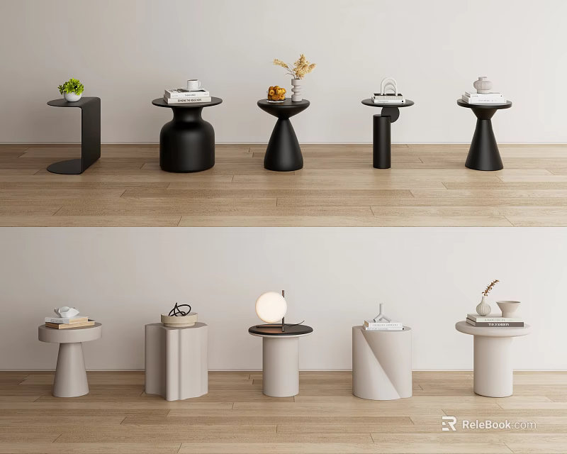 Stylish Black And Light Colored Side Tables With Various Designs And Decorative Items 3d model