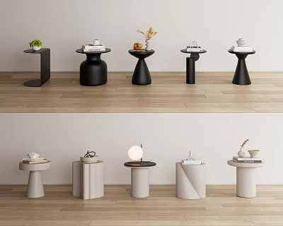 Stylish Black And Light Colored Side Tables With Various Designs And Decorative Items 3d model
