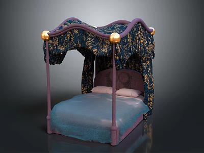 Elegant Double Bed With Dark Blue Gold Patterned Canopy Purple Frame And Pink Pillows 3d model