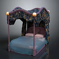 Elegant Double Bed With Dark Blue Gold Patterned Canopy Purple Frame And Pink Pillows