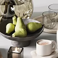 Decorative Ornament Set With Vase Green Plants Ceramic Cups Wooden Tray And Stacked Books