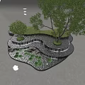 Tranquil Waterfront Landscape With Curved Waterfall Lotus Leaves Stones And Green Trees