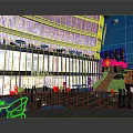 Modern Sky Mall Night Scenery With Glass Facade Bright Lights Slide And Plaza Near High Rise Buildings