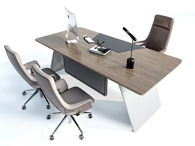 Wooden Office Desk with Computer Monitor Tablet Pen Notebook Microphone and Gray Brown Office Chairs 3d model