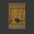 Yellow Wooden Storage Locker Cabinet With Multiple Compartments And Black Graffiti