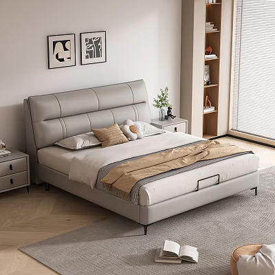 Gray Upholstered Double Bed With White Sheets Brown Throw Pillow And Nightstands In Modern Bedroom 3d model