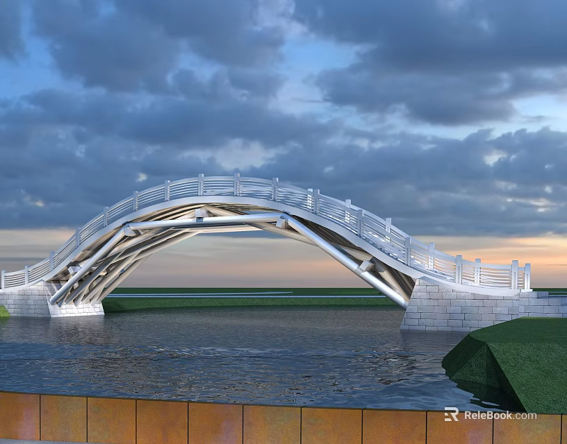 Modern Arch Bridge With White Railings Over Water Under Cloudy Sunset Sky 3d model 