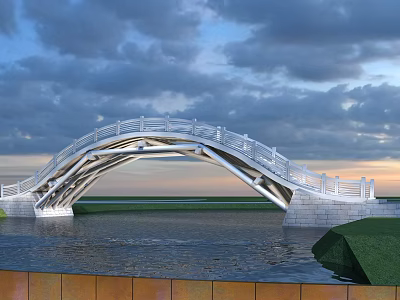 Modern Arch Bridge With White Railings Over Water Under Cloudy Sunset Sky 3d model