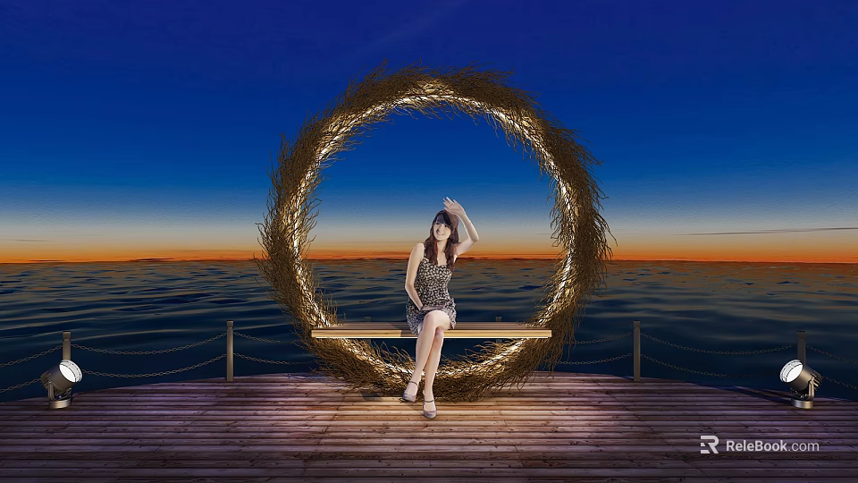 Garden Landscape With Circular Straw Ring Wooden Bench And Seaside Sunset View 3d model 