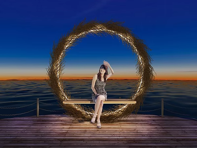 Garden Landscape With Circular Straw Ring Wooden Bench And Seaside Sunset View 3d model