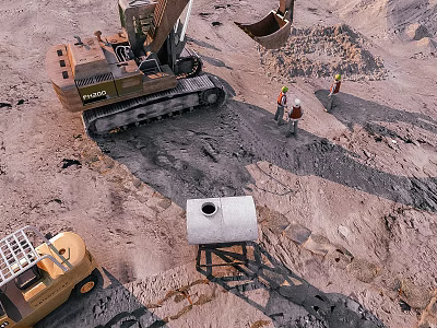Road Infrastructure Construction Site With Volvo Excavator Workers And Concrete Pipe 3d model