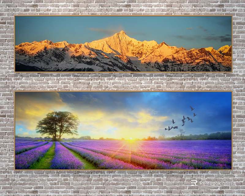 Scenic Landscape Paintings Featuring Snowy Mountain Golden Sunset Lavender Field Big Tree And Flying Birds 3d model 