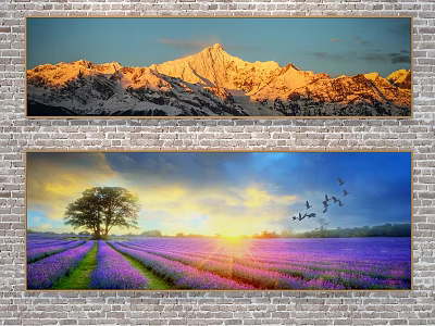 Scenic Landscape Paintings Featuring Snowy Mountain Golden Sunset Lavender Field Big Tree And Flying Birds 3d model