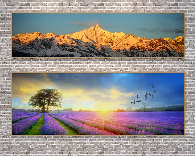 Scenic Landscape Paintings Featuring Snowy Mountain Golden Sunset Lavender Field Big Tree And Flying Birds 3d model