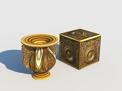 Golden Decorative Vase And Cube With Intricate Carved Ornamental Patterns 3d model